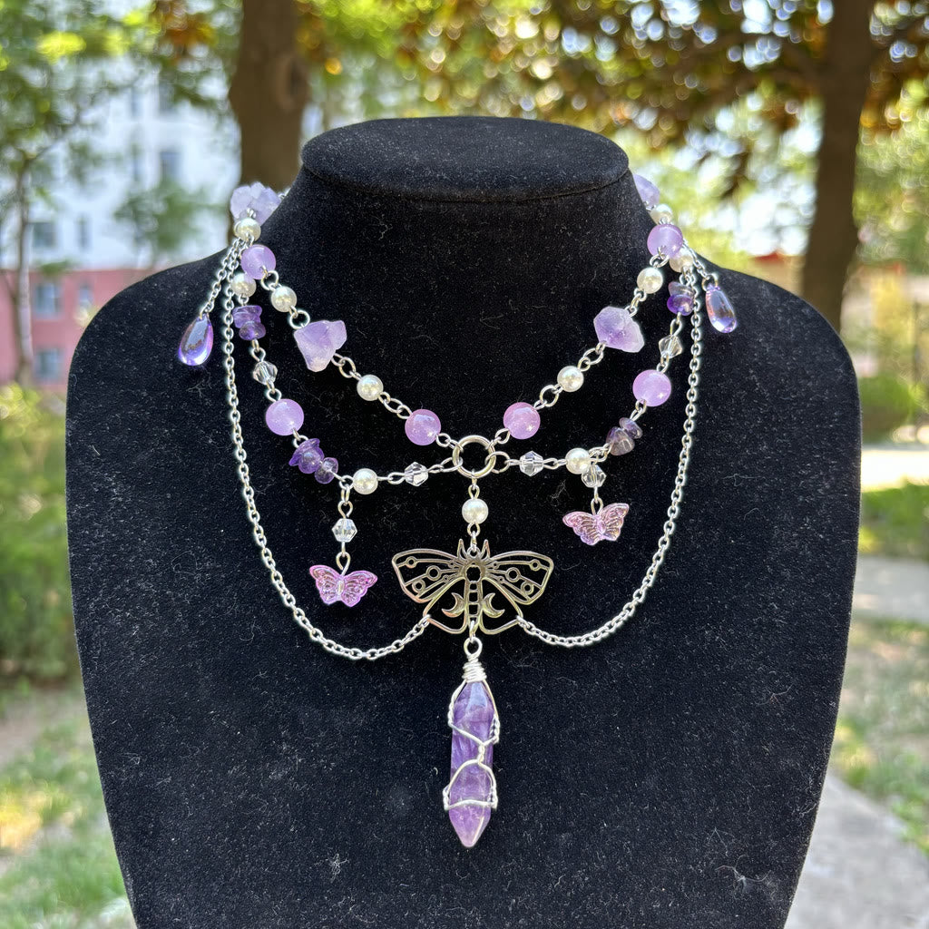 Olivenorma Butterfly Pendant Amethyst Layered Choker Necklace