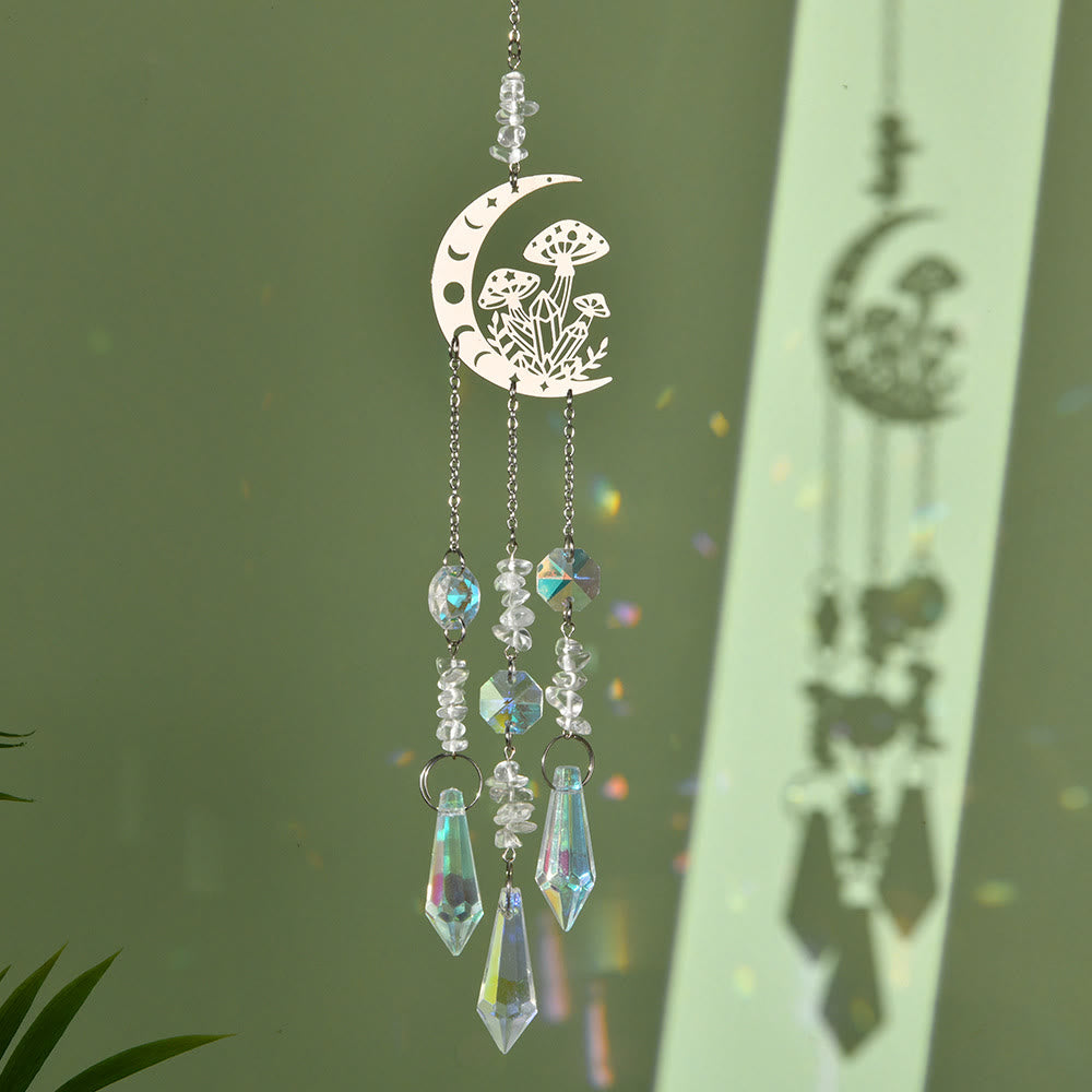 Olivenorma Natural Crystal Moon Mushroom Suncatcher Wind Chime