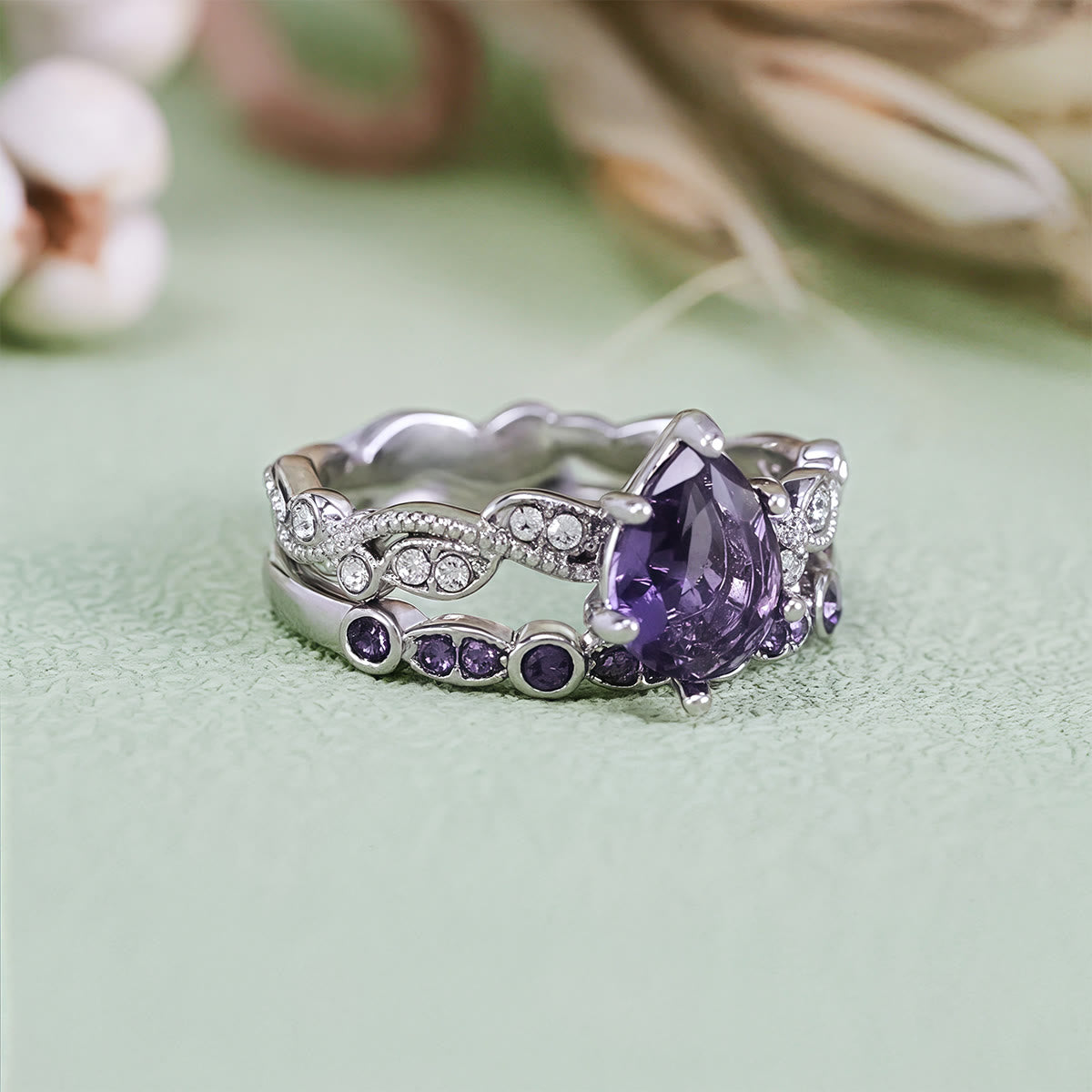 Olivenorma Calming Energy - Water Drop Amethyst Ring Set