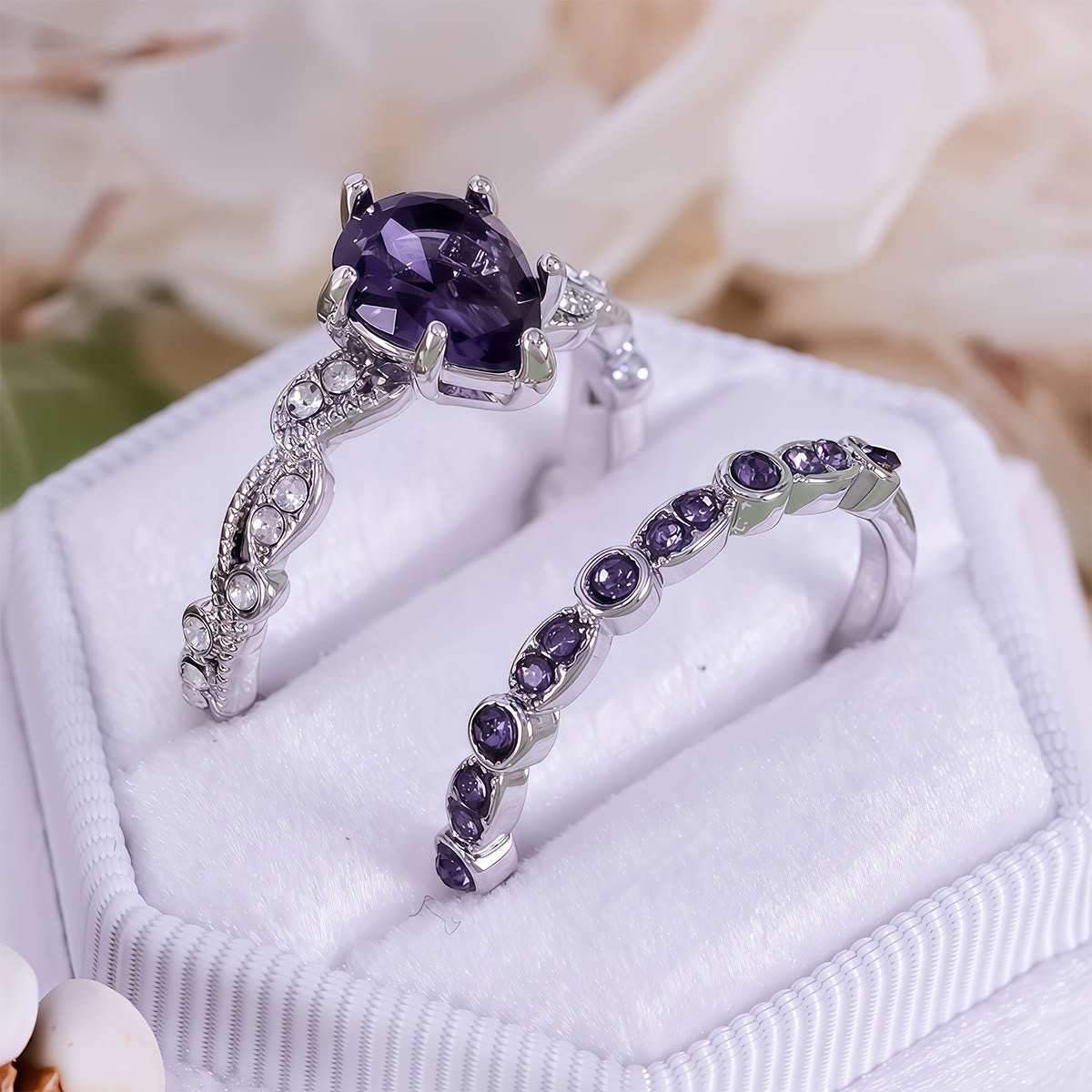 Olivenorma Calming Energy - Water Drop Amethyst Ring Set