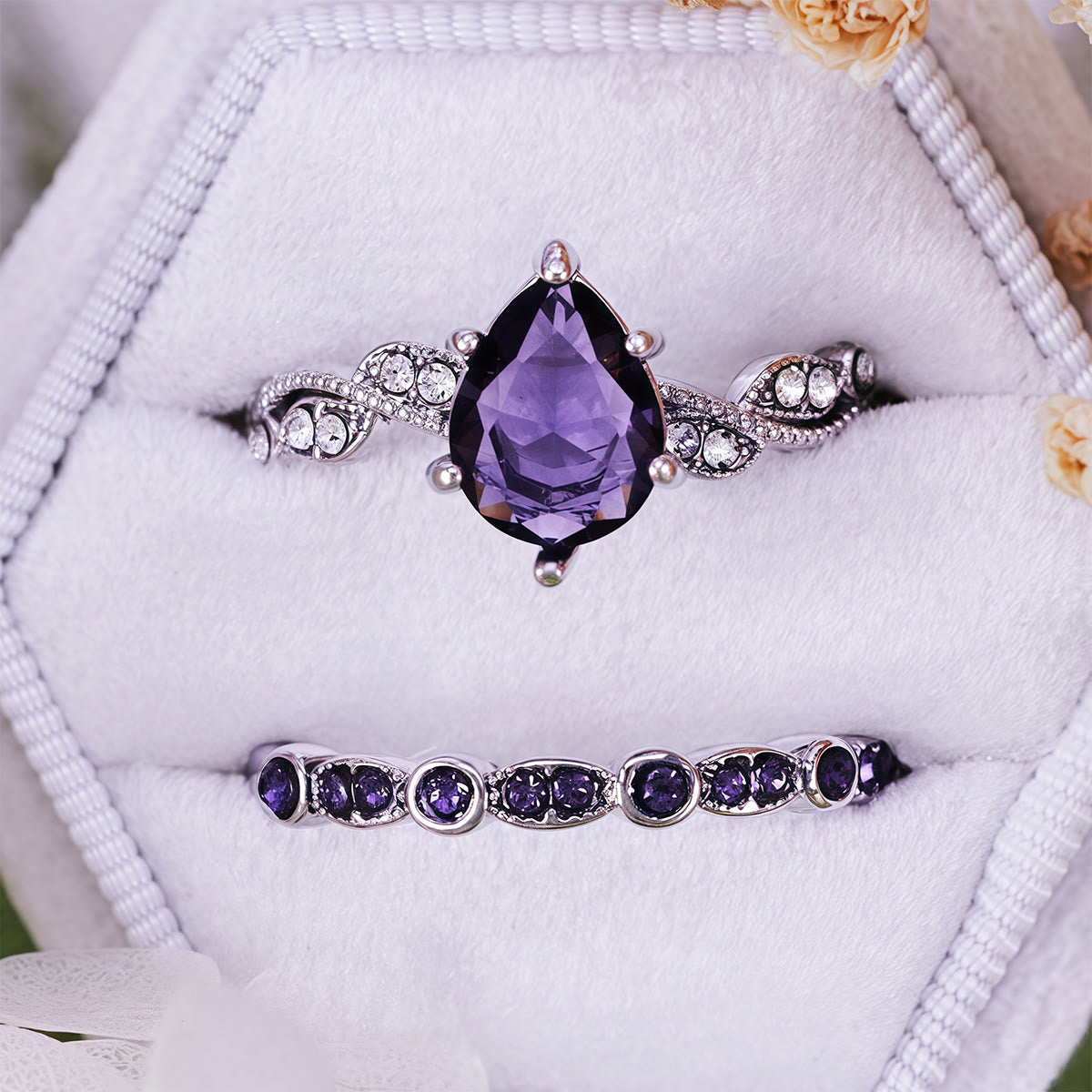Olivenorma Calming Energy - Water Drop Amethyst Ring Set