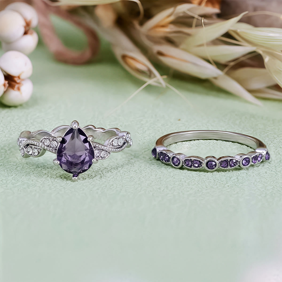 Olivenorma Calming Energy - Water Drop Amethyst Ring Set