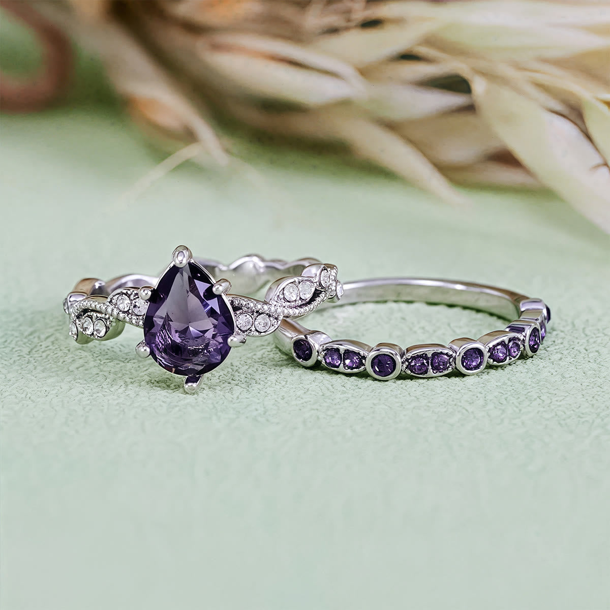 Olivenorma Calming Energy - Water Drop Amethyst Ring Set