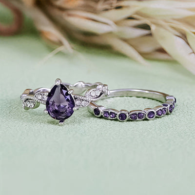 Olivenorma Calming Energy - Water Drop Amethyst Ring Set