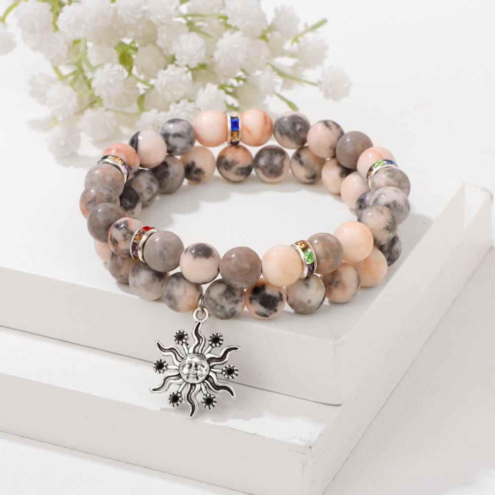 Olivenorma Natural Stone Beads Metal Sun Pendant Bracelet Set