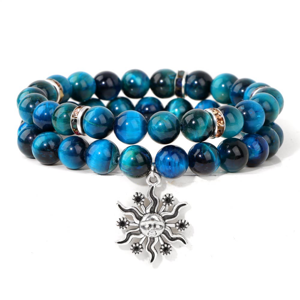 Olivenorma Natural Stone Beads Metal Sun Pendant Bracelet Set