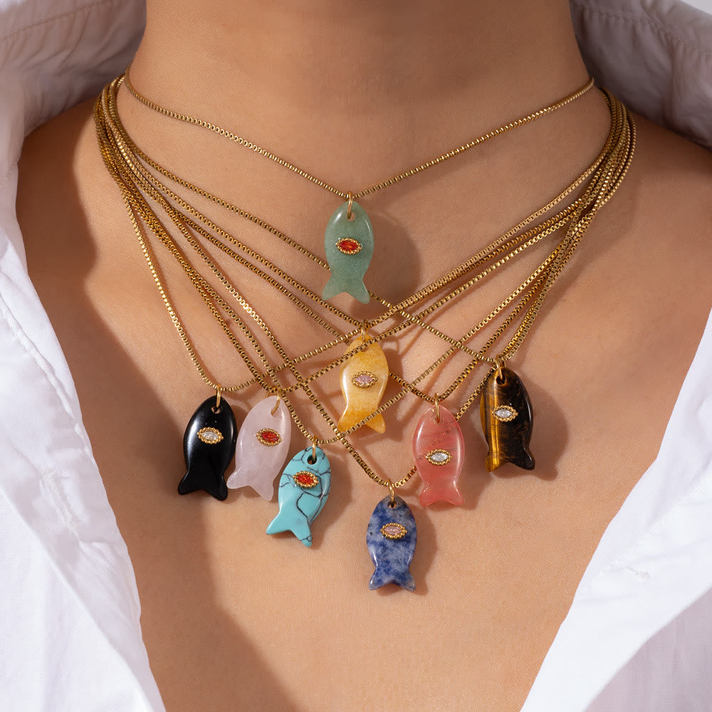 Olivenorma Natural Stone Cut Fish Shape Pendant Necklace
