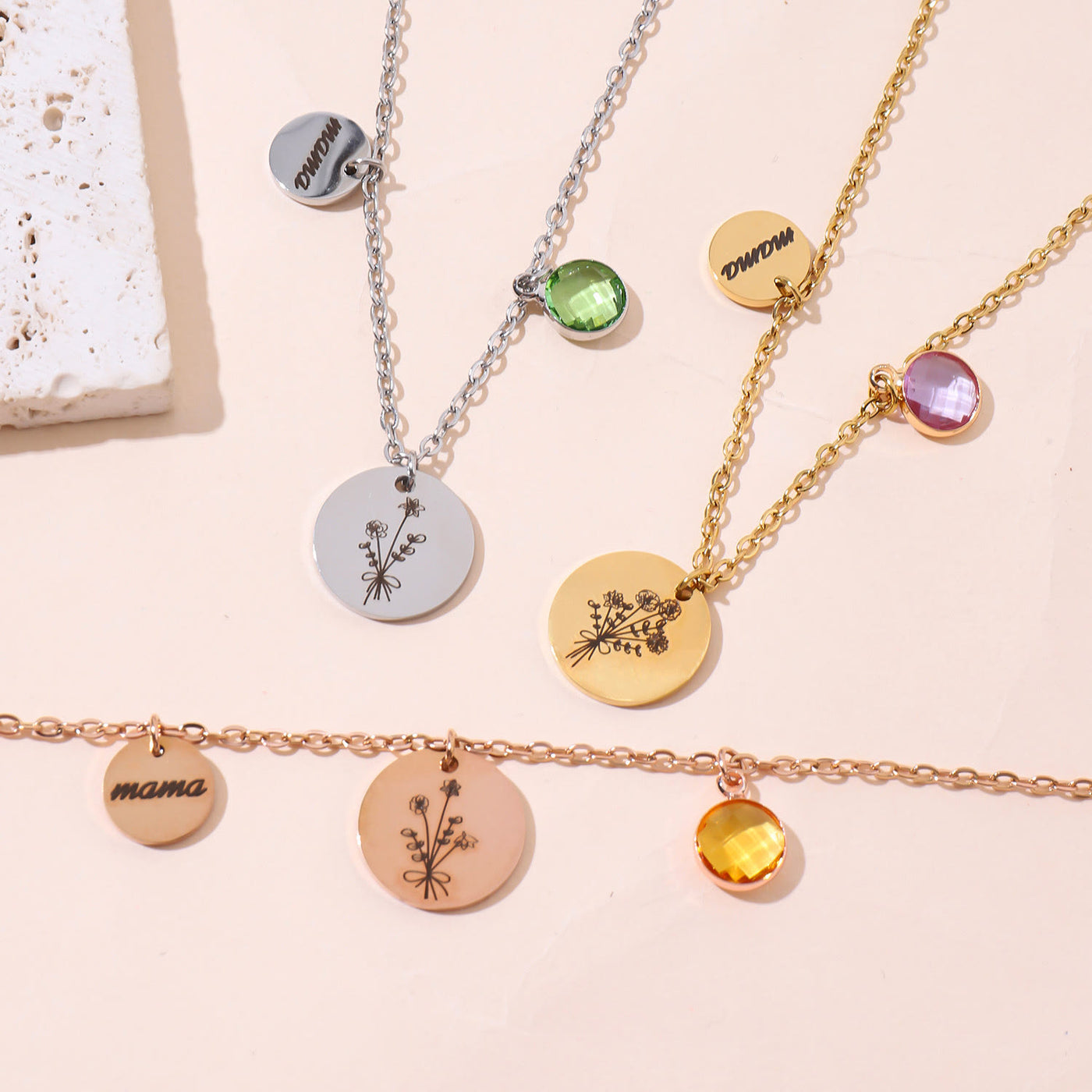 Olivenorma Custom Birth Flower Birthstone Stainless Steel Necklace