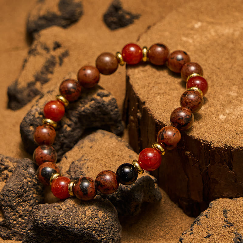 Olivenorma Natural Mahogany Obsidian Red Coral Beaded Bracelet