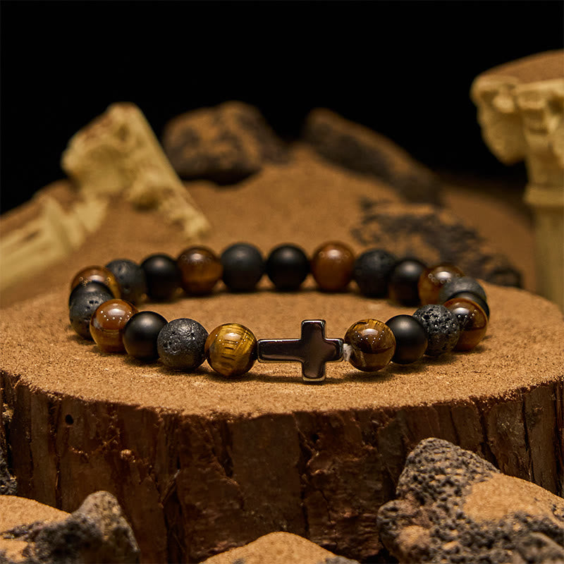 Olivenorma Tiger Eye Lava Stone Beads Cross Bracelet