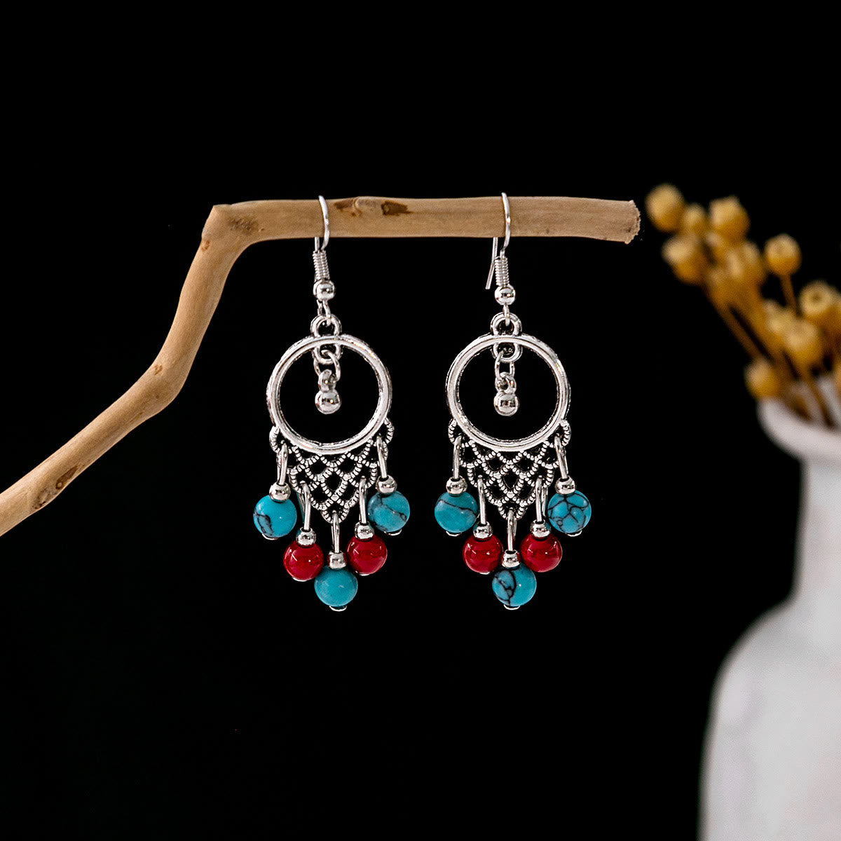 Olivenorma Retro Ethnic Style Bohemian Tassel Turquoise Earrings