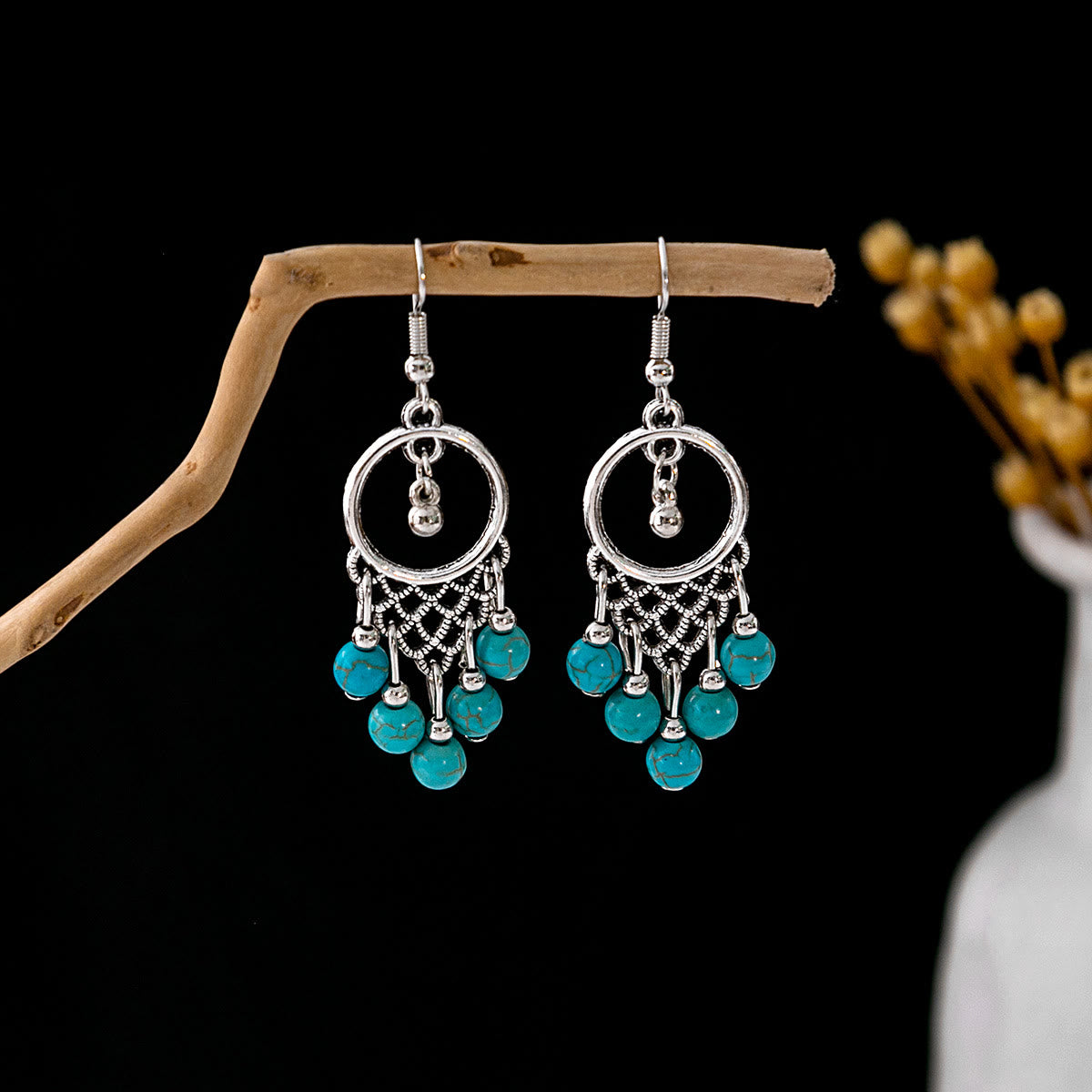 Olivenorma Retro Ethnic Style Bohemian Tassel Turquoise Earrings