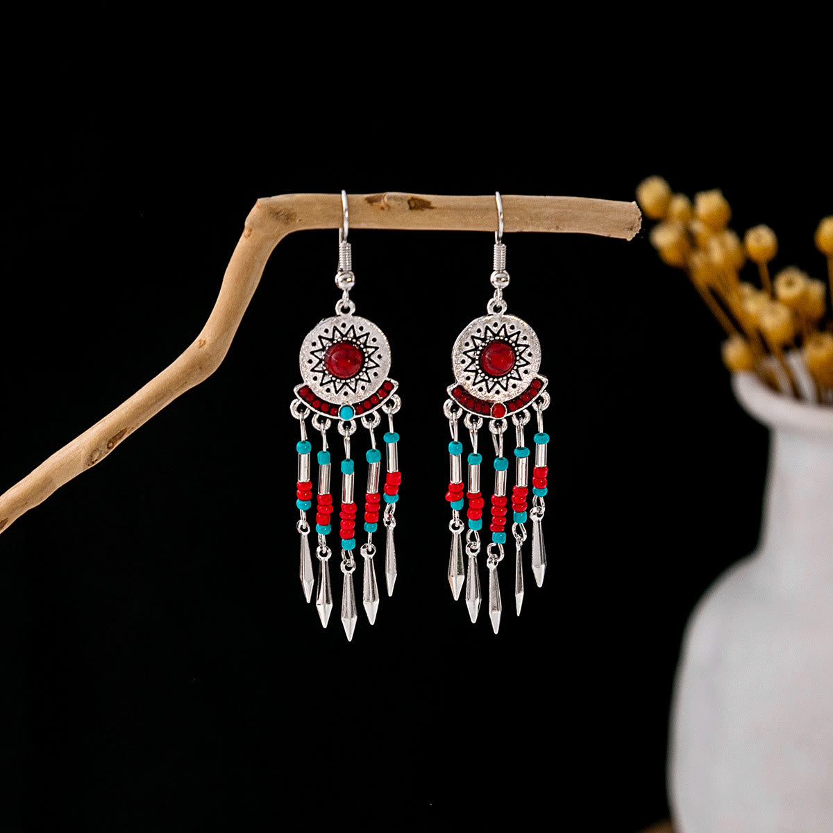 Olivenorma Retro Ethnic Style Bohemian Tassel Turquoise Earrings