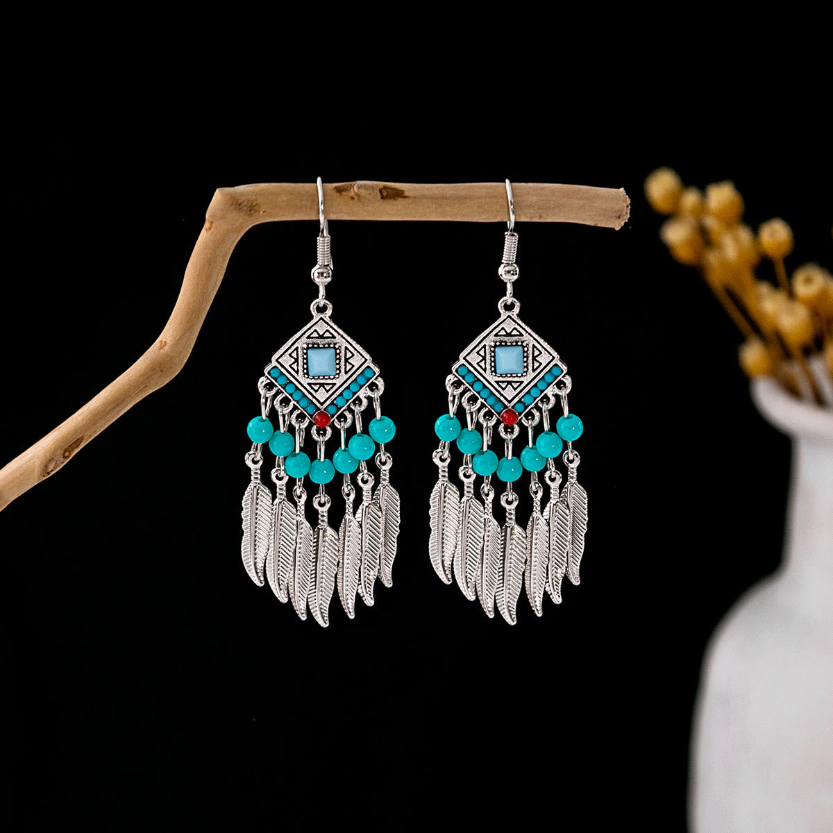 Olivenorma Retro Ethnic Style Bohemian Tassel Turquoise Earrings