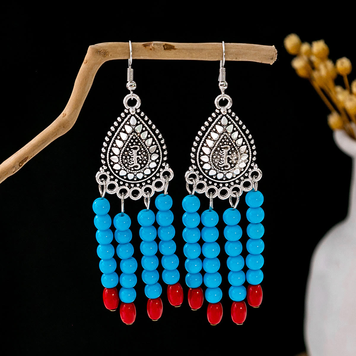 Olivenorma Retro Ethnic Style Bohemian Tassel Turquoise Earrings