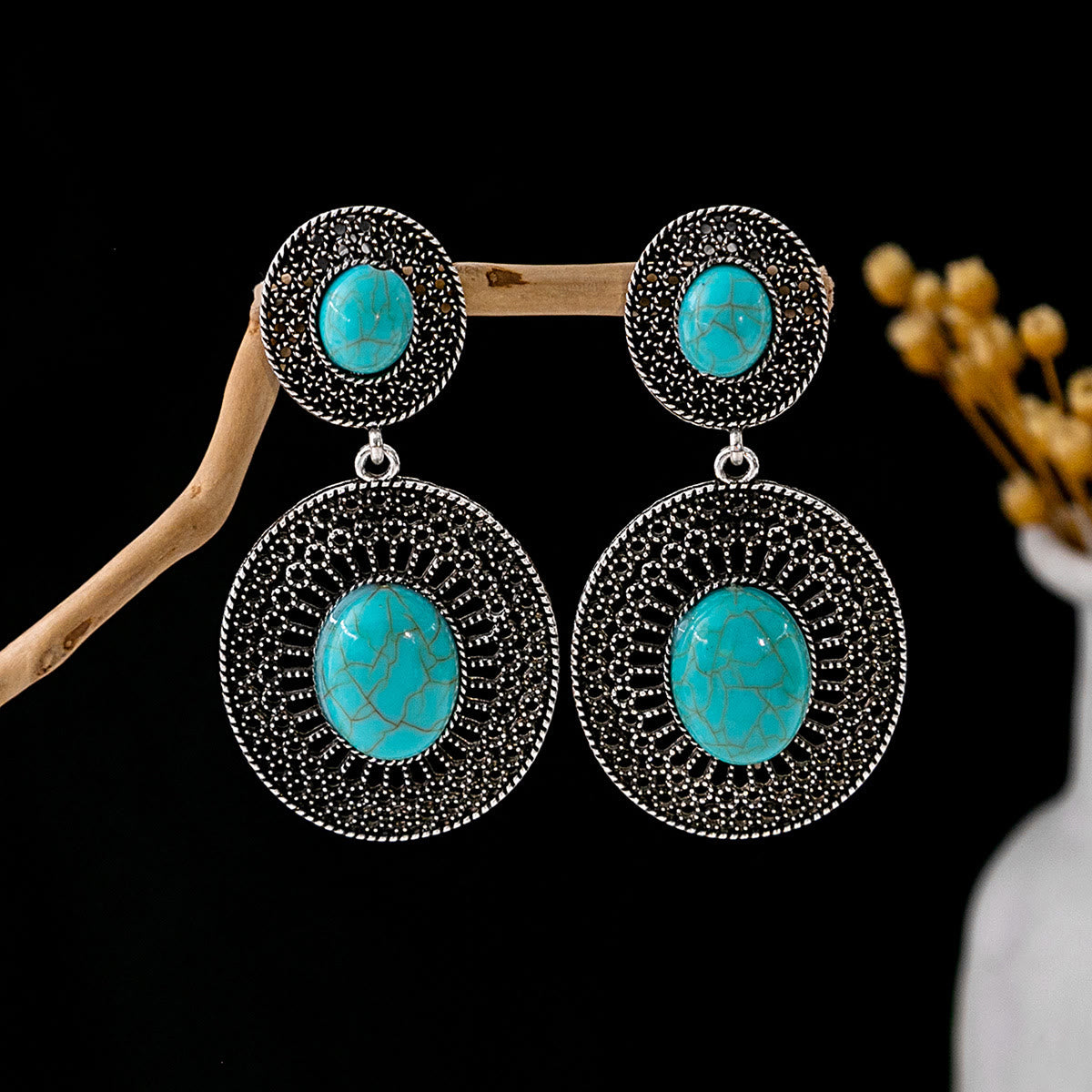 Olivenorma Retro Ethnic Style Bohemian Tassel Turquoise Earrings