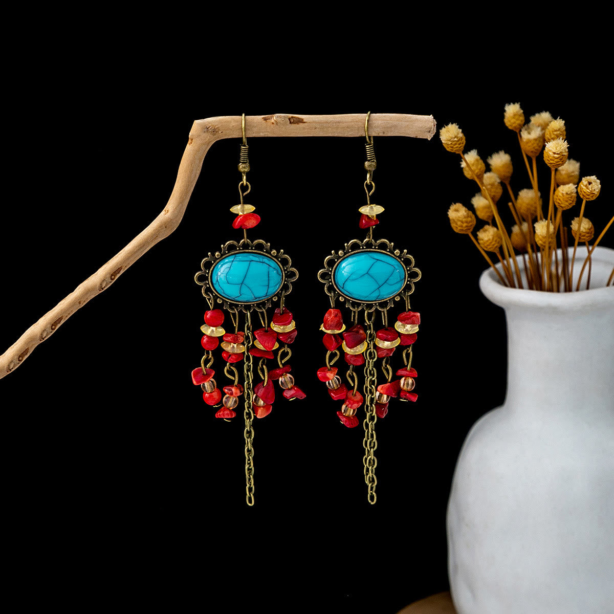 Olivenorma Retro Ethnic Style Bohemian Tassel Turquoise Earrings