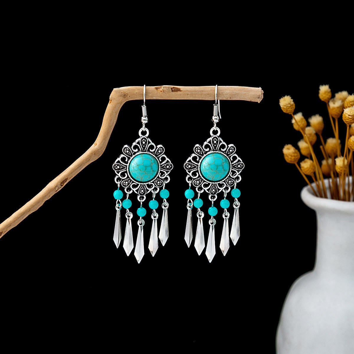 Olivenorma Retro Ethnic Style Bohemian Tassel Turquoise Earrings