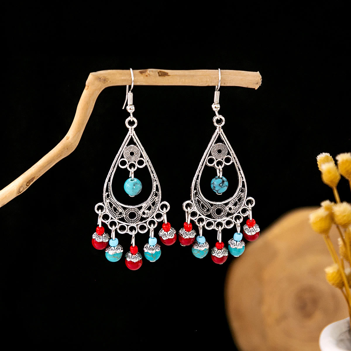 Olivenorma Retro Ethnic Style Bohemian Tassel Turquoise Earrings