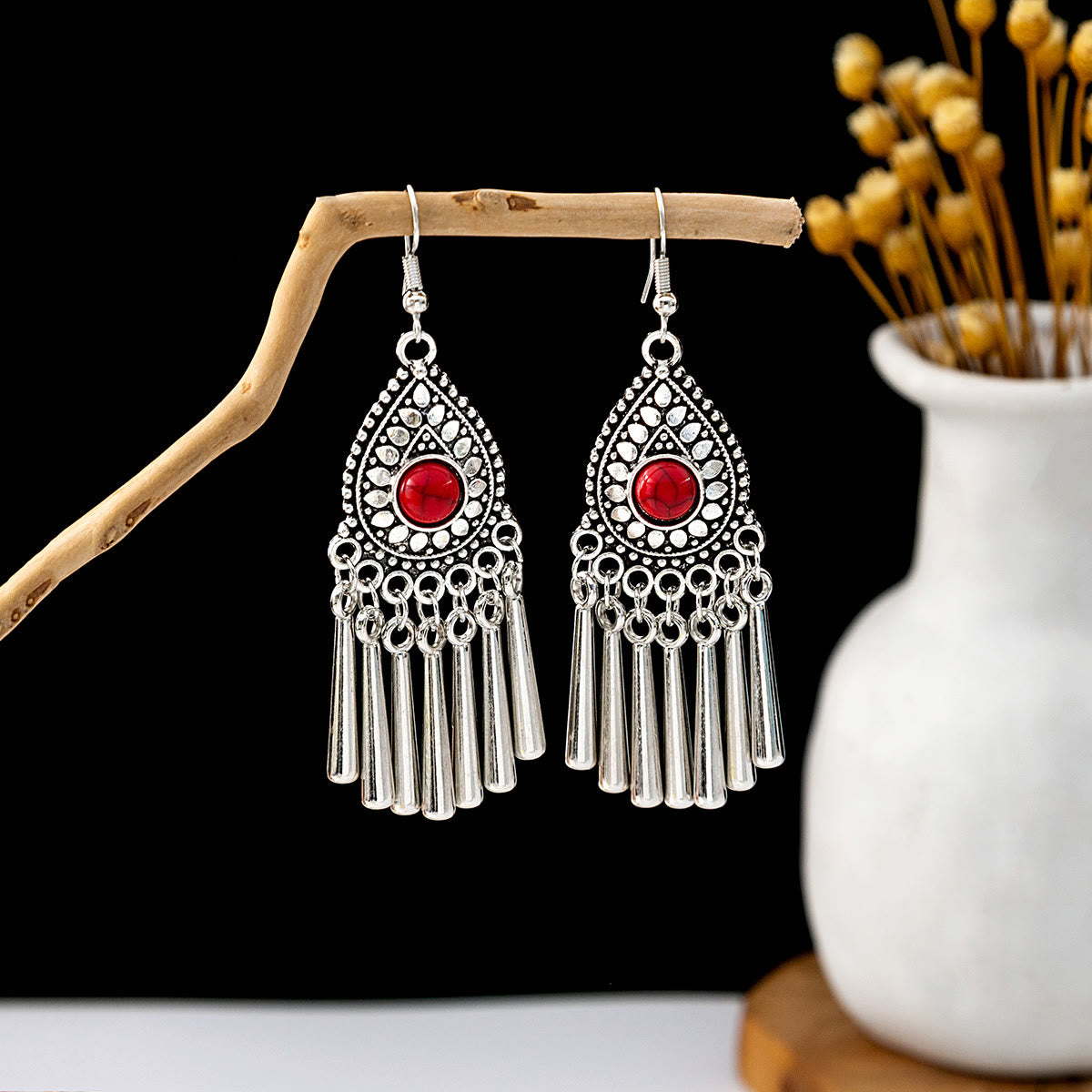 Olivenorma Retro Ethnic Style Bohemian Tassel Turquoise Earrings