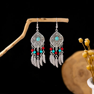 Olivenorma Retro Ethnic Style Bohemian Tassel Turquoise Earrings