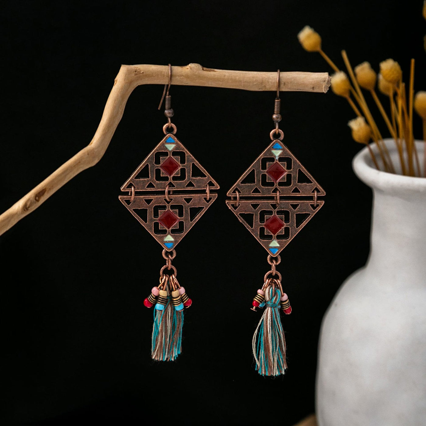 Olivenorma Retro Ethnic Style Bohemian Tassel Turquoise Earrings