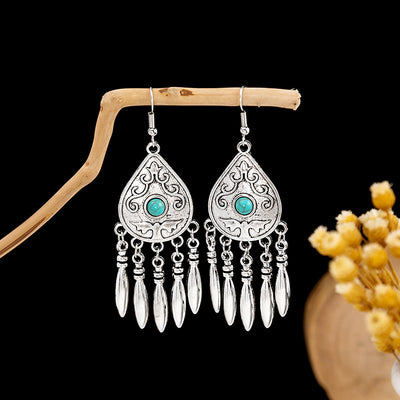Olivenorma Retro Ethnic Style Bohemian Tassel Turquoise Earrings