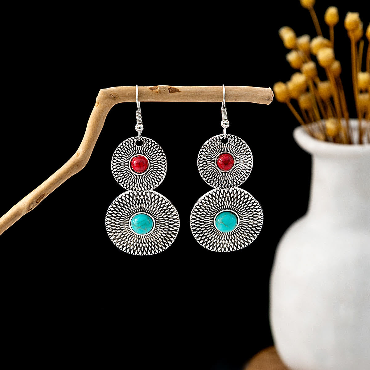 Olivenorma Retro Ethnic Style Bohemian Tassel Turquoise Earrings