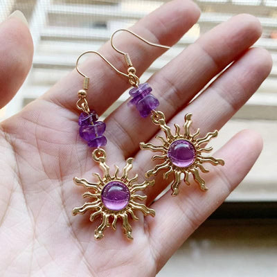 Olivenorma Natural Amethyst Gravel Beads Sun Earrings
