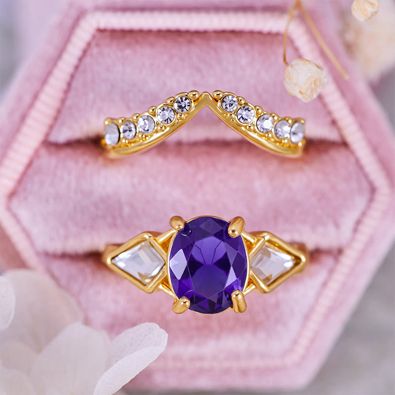 Olivenorma 2Pcs Oval Cut Amethyst White Zircon Ring Set