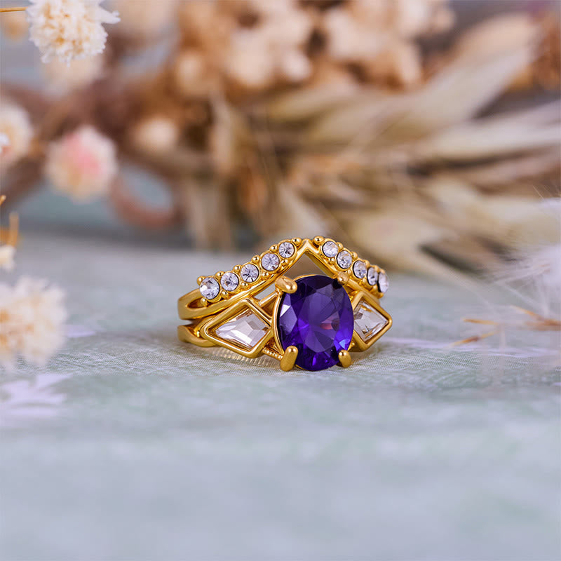 Olivenorma 2Pcs Oval Cut Amethyst White Zircon Ring Set