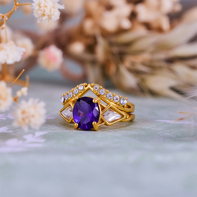 Olivenorma 2Pcs Oval Cut Amethyst White Zircon Ring Set