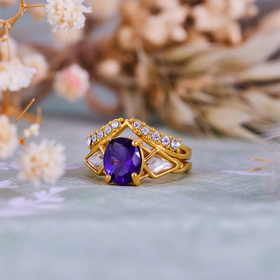 Olivenorma 2Pcs Oval Cut Amethyst White Zircon Ring Set