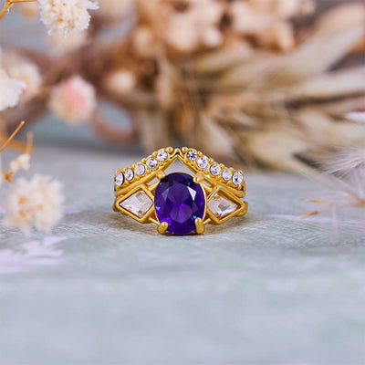 Olivenorma 2Pcs Oval Cut Amethyst White Zircon Ring Set