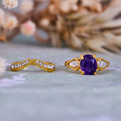 Olivenorma 2Pcs Oval Cut Amethyst White Zircon Ring Set