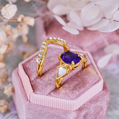 Olivenorma 2Pcs Oval Cut Amethyst White Zircon Ring Set