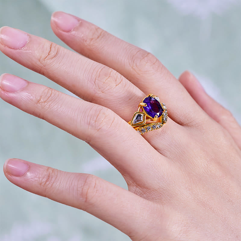 Olivenorma 2Pcs Oval Cut Amethyst White Zircon Ring Set