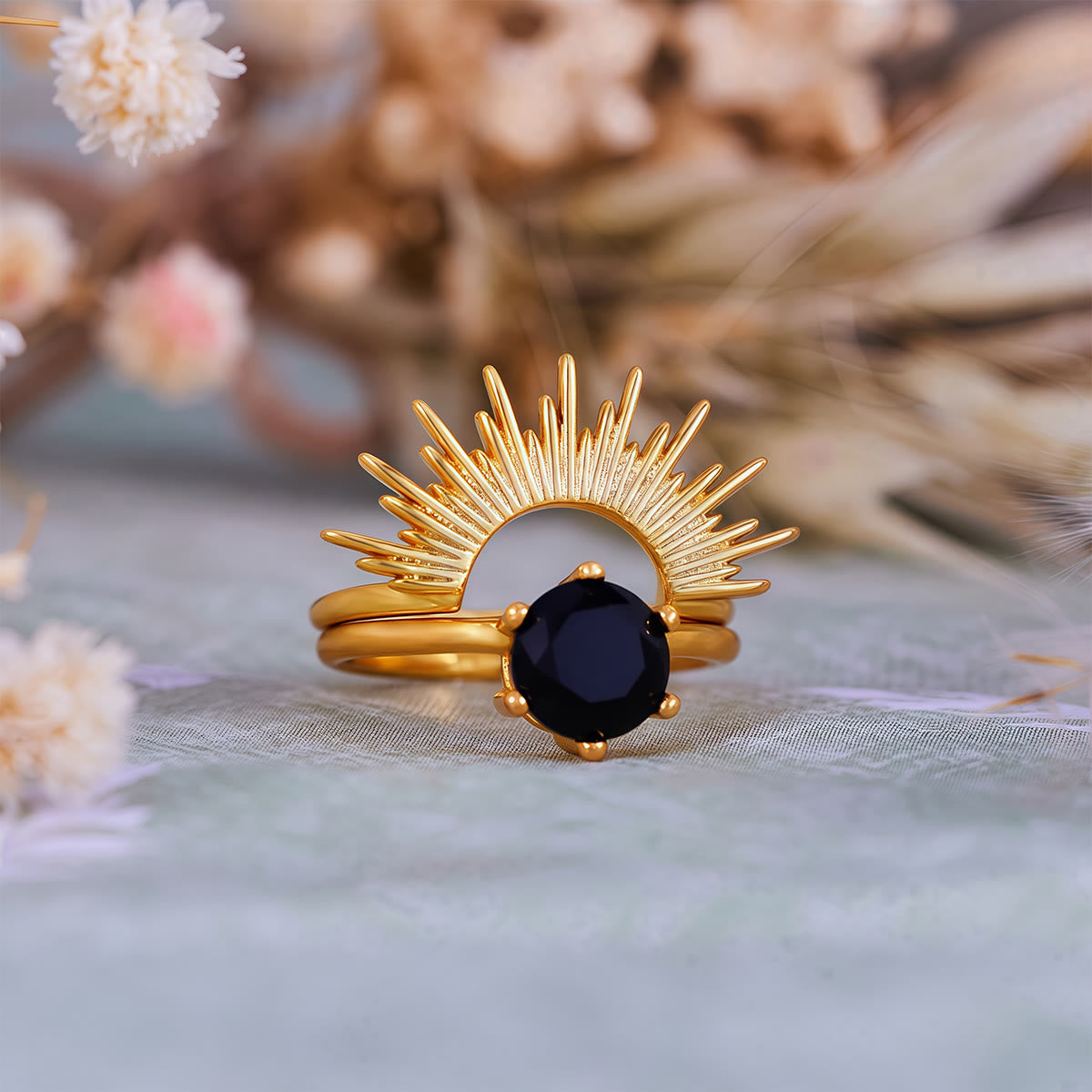 Olivenorma Obsidian Sun Rays Design Ring Set