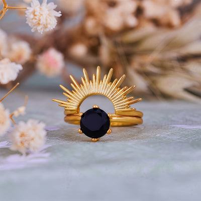 Olivenorma Obsidian Sun Rays Design Ring Set