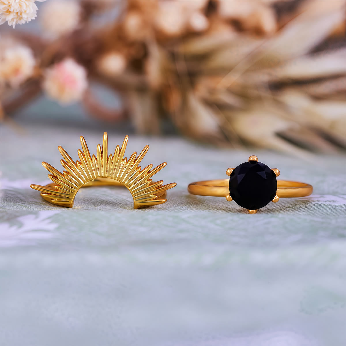 Olivenorma Obsidian Sun Rays Design Ring Set