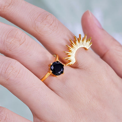 Olivenorma Obsidian Sun Rays Design Ring Set
