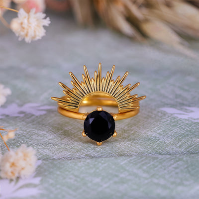 Olivenorma Obsidian Sun Rays Design Ring Set