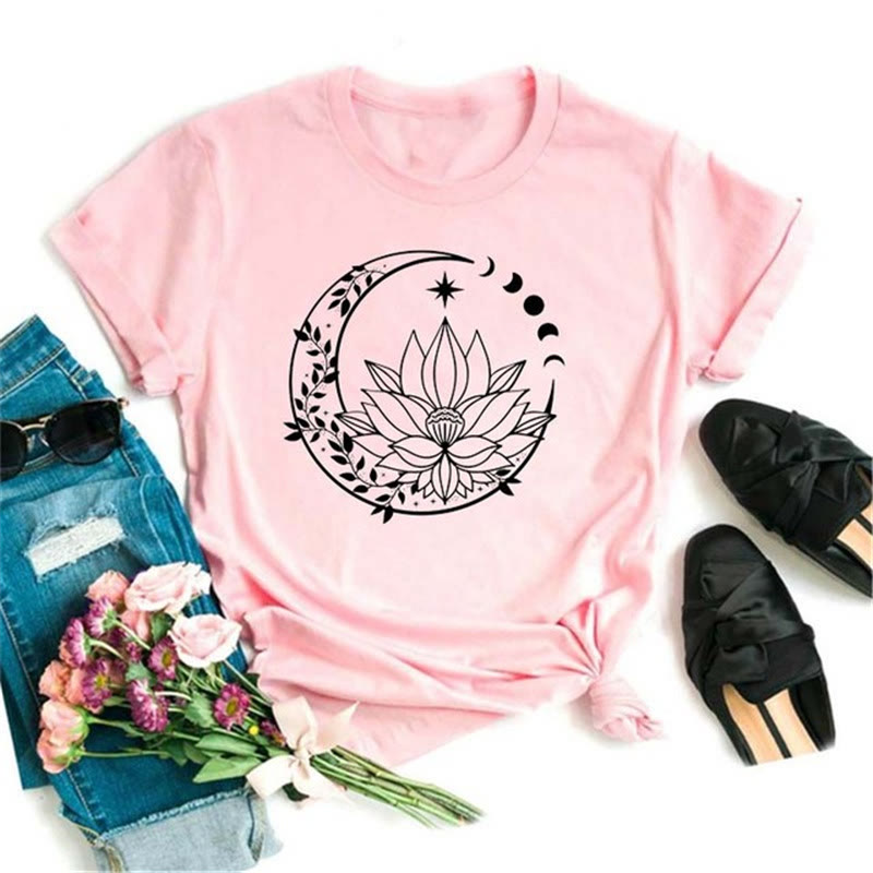 Olivenorma Polyester Black Moon Lotus Printed Pink T-Shirt