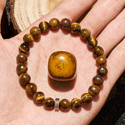 Olivenorma Natural Tiger Eye Metal Hoop Beaded Bracelet