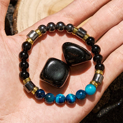 Olivenorma Blue Tiger Eye Obsidian Hematite Beads Bracelet