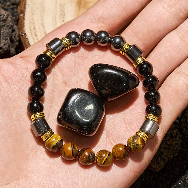 Olivenorma Blue Tiger Eye Obsidian Hematite Beads Bracelet