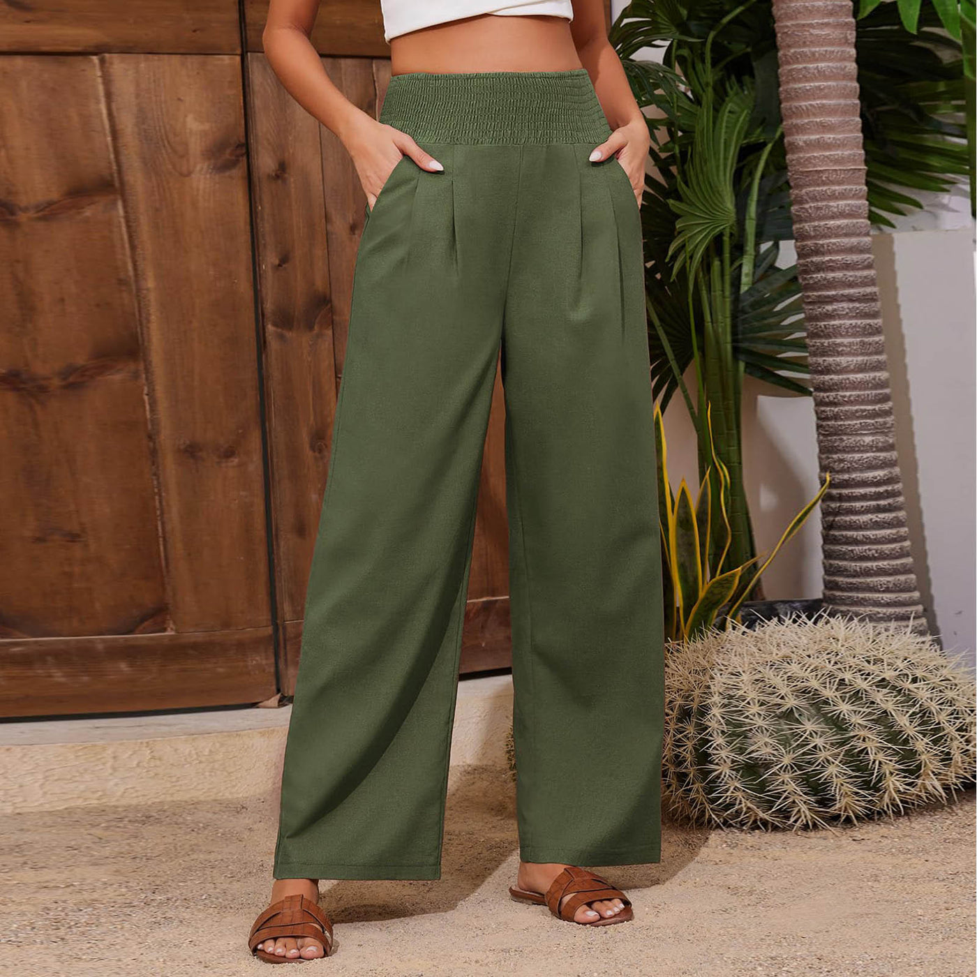 Olivenorma Plain Color Wide Leg High Waist Loose Fit Women's Lounge Pants with Pockets - Green - XXL - image 22