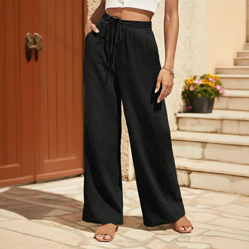 Olivenorma Plain Color Casual High Waist Drawstring Loose Fit Summer Women's Pants - Black - XXL - image 3