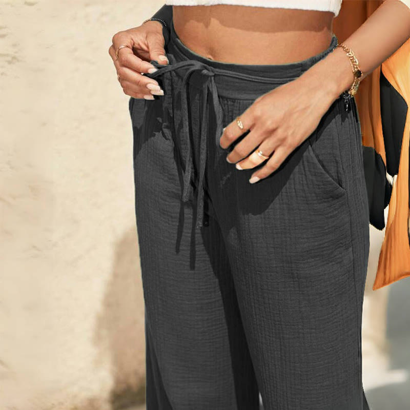 Olivenorma Plain Color Linen Solid Elastic Mid-Waisted Women's Baggy Pants with Pockets - image 3