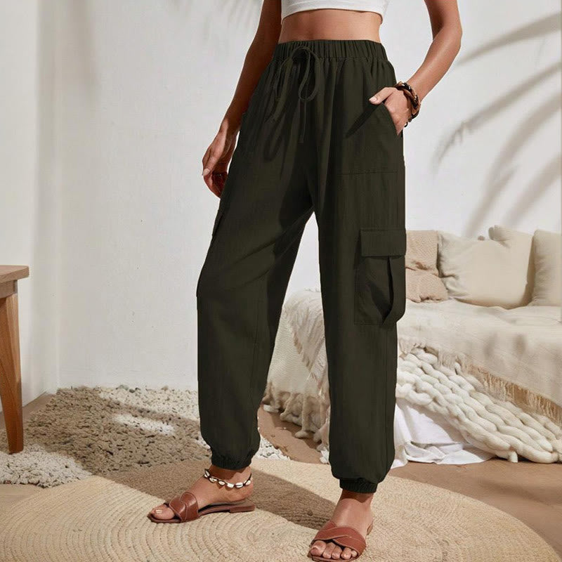 Olivenorma Womens Plain Color High-Waisted Drawstring Hiking Joggers Cargo Pants - DarkOliveGreen - XL - image 8